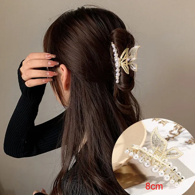 Rhinestone Metal Hair Claw Crab Clip For Women Girls Shiny Barrette Hairpin Crystal Pearl Hair Accessories Jewelry Gift