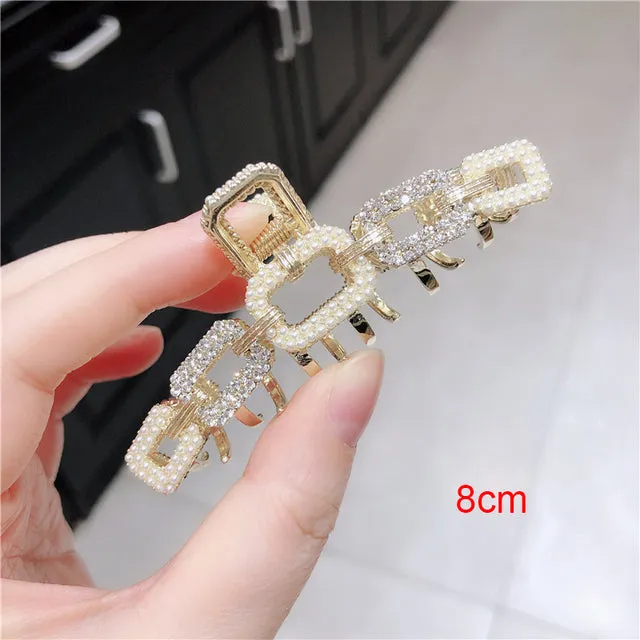 Rhinestone Metal Hair Claw Crab Clip For Women Girls Shiny Barrette Hairpin Crystal Pearl Hair Accessories Jewelry Gift