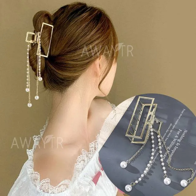 Rhinestone Metal Hair Claw Crab Clip For Women Girls Shiny Barrette Hairpin Crystal Pearl Hair Accessories Jewelry Gift
