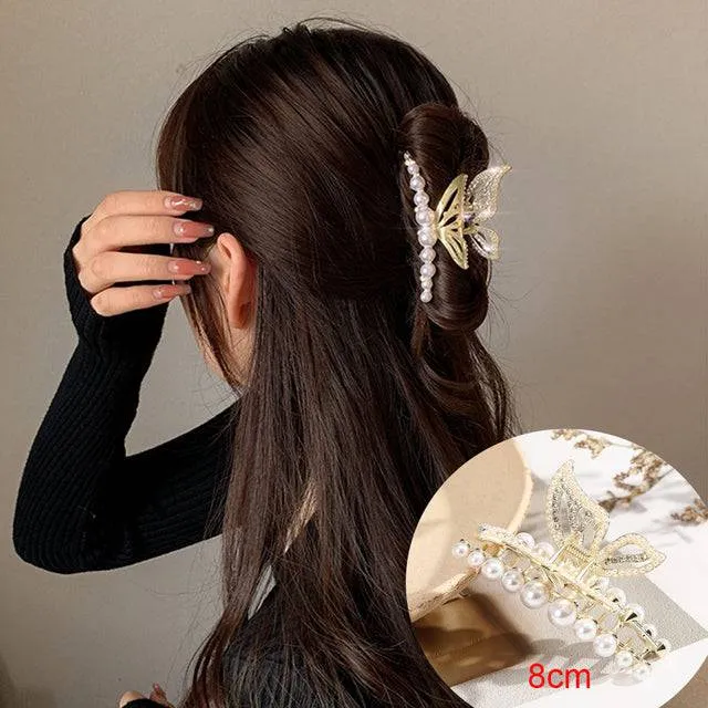 Rhinestone Metal Hair Claw Crab Clip For Women Girls Shiny Barrette Hairpin Crystal Pearl Hair Accessories Jewelry Gift