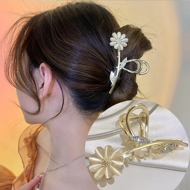 Rhinestone Metal Hair Claw Crab Clip For Women Girls Shiny Barrette Hairpin Crystal Pearl Hair Accessories Jewelry Gift
