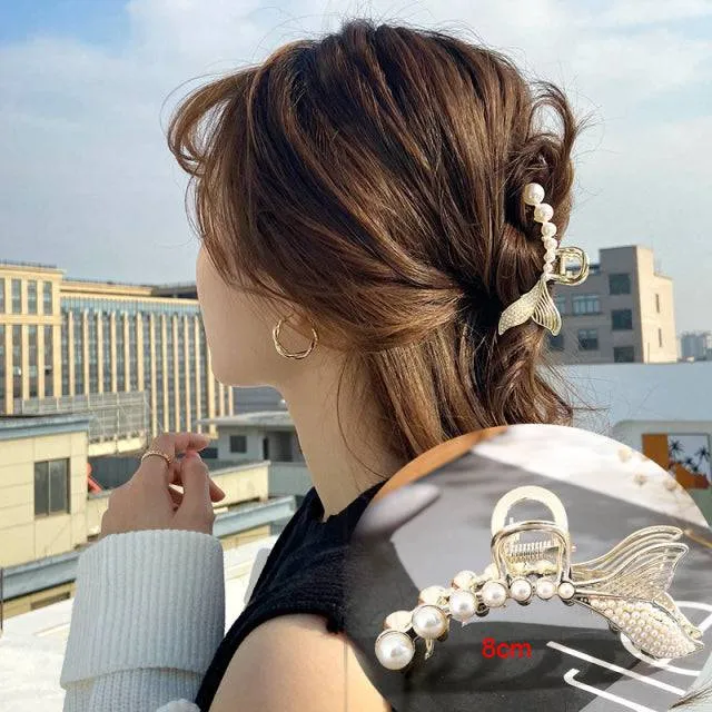Rhinestone Metal Hair Claw Crab Clip For Women Girls Shiny Barrette Hairpin Crystal Pearl Hair Accessories Jewelry Gift