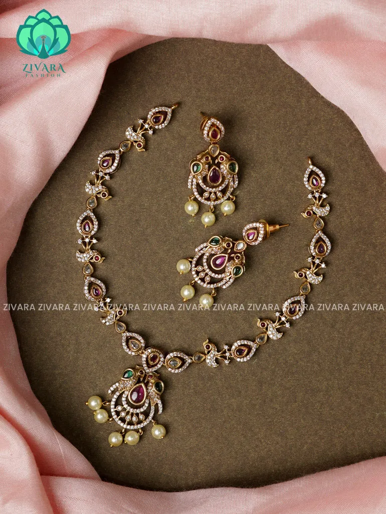 Ruby and green parrot - stylish and minimal elegant neckwear with earrings- Zivara Fashion
