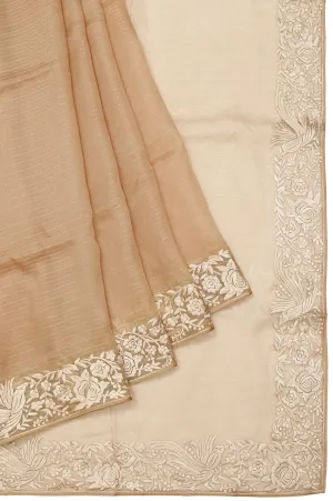 Sandal Organza Silk Saree with Intricate Parsi Work and Allover Stripes