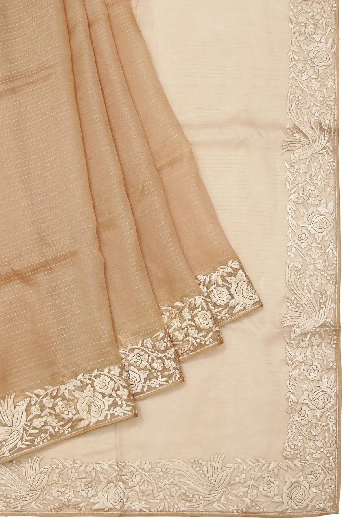 Sandal Organza Silk Saree with Intricate Parsi Work and Allover Stripes