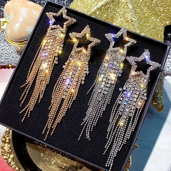 Shimmering CZ Star Tassel Earrings