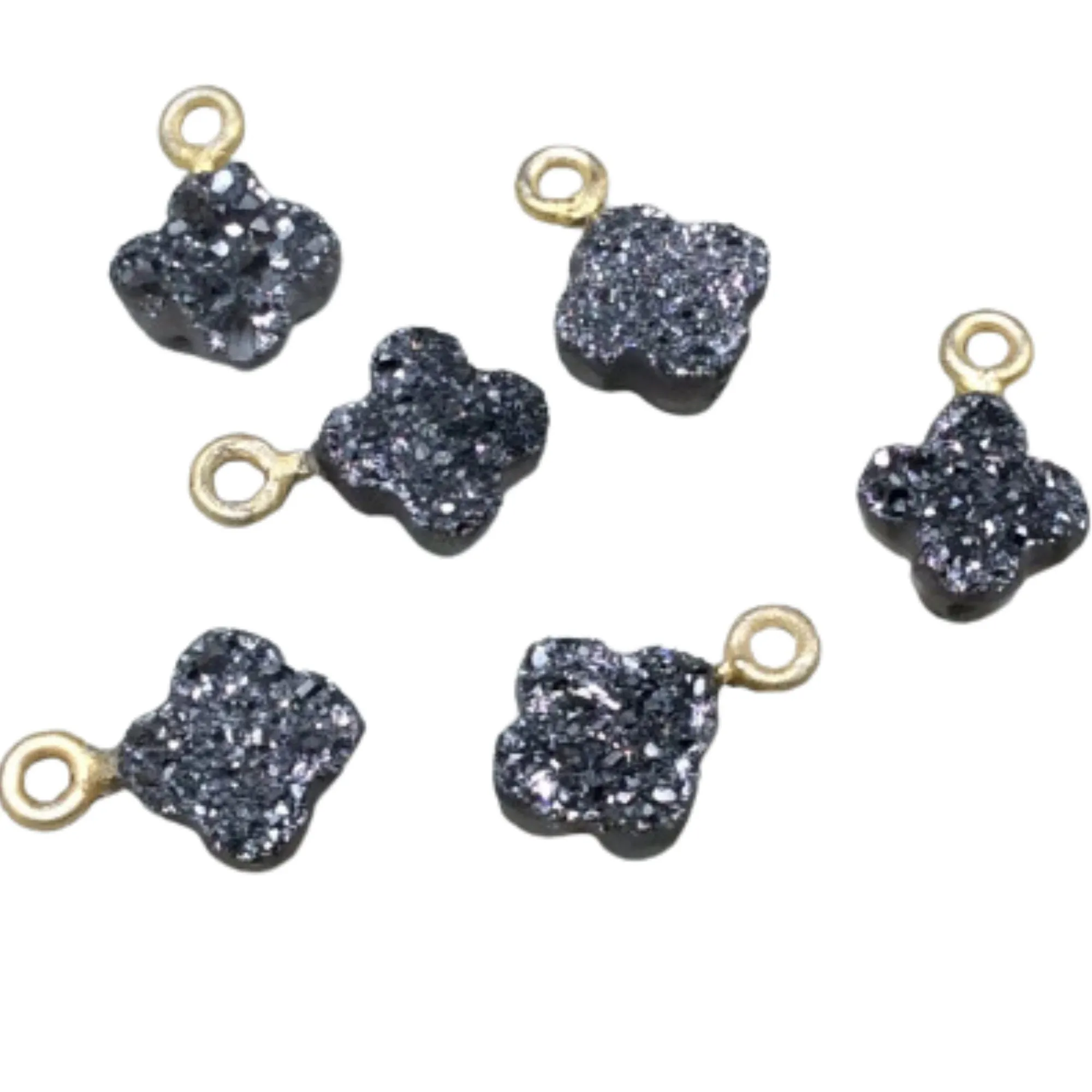Silver Quatrefoil Shape Natural Druzy Pendant W Silver & Gold Ring- Sold Individually, Randomly Chosen