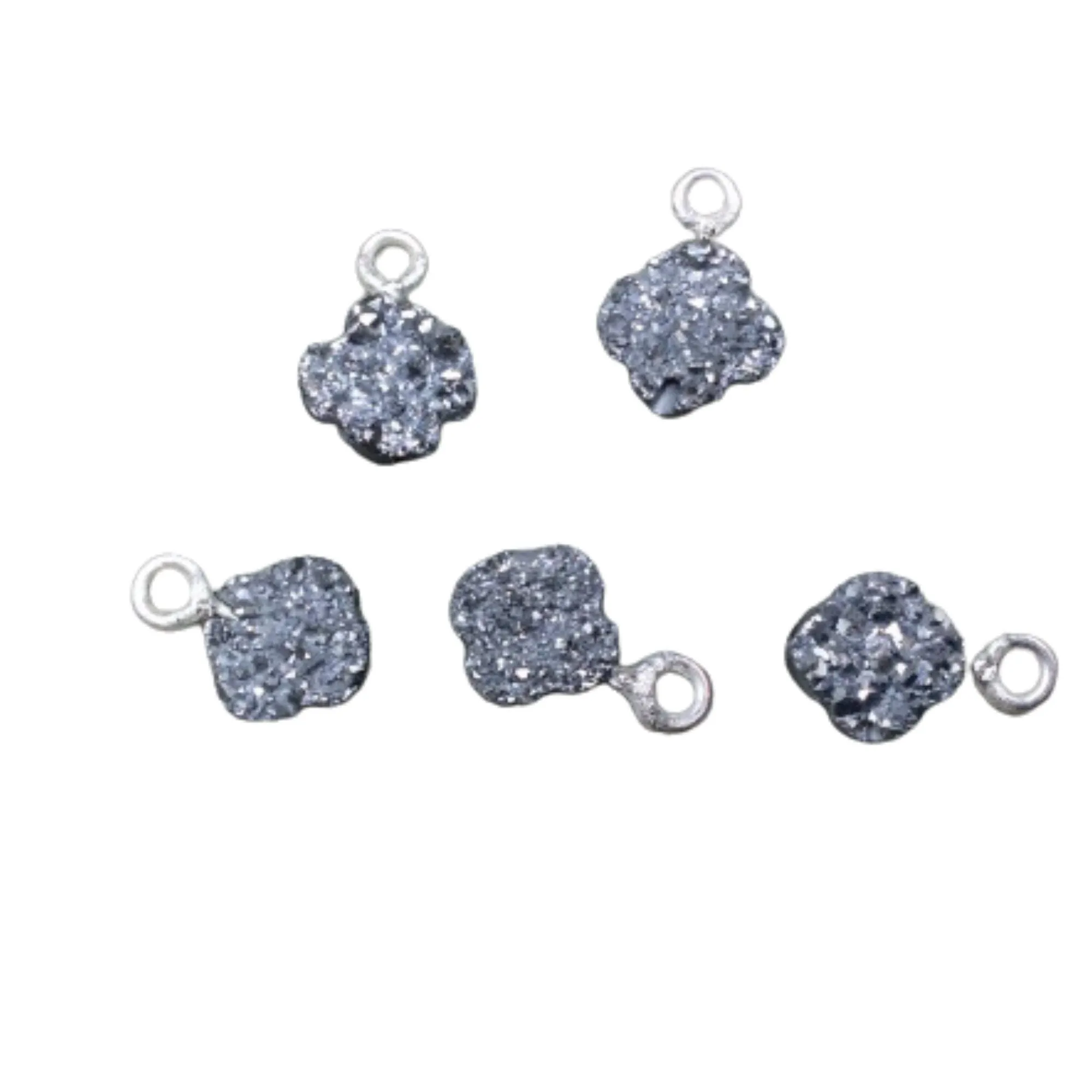 Silver Quatrefoil Shape Natural Druzy Pendant W Silver & Gold Ring- Sold Individually, Randomly Chosen