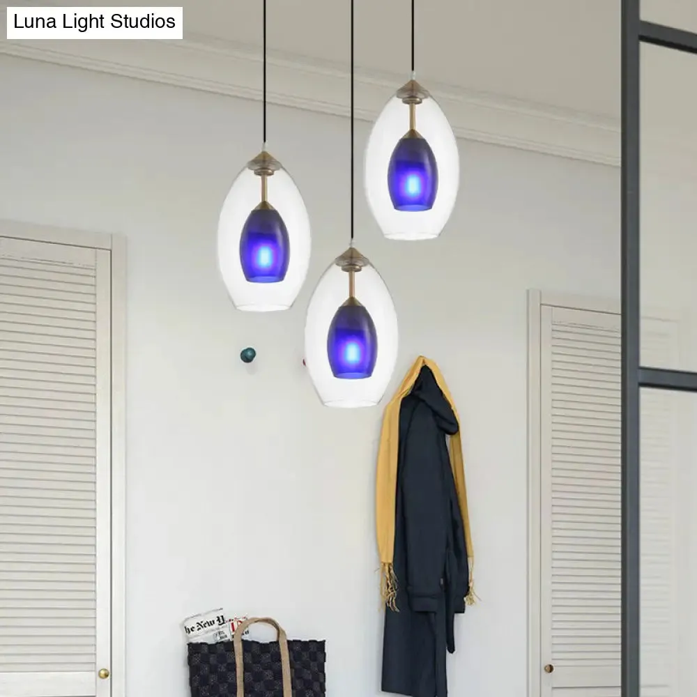 Simple 3-Light Oval Clear and Blue Multi Pendant Chandelier: White Ceiling Lamp
