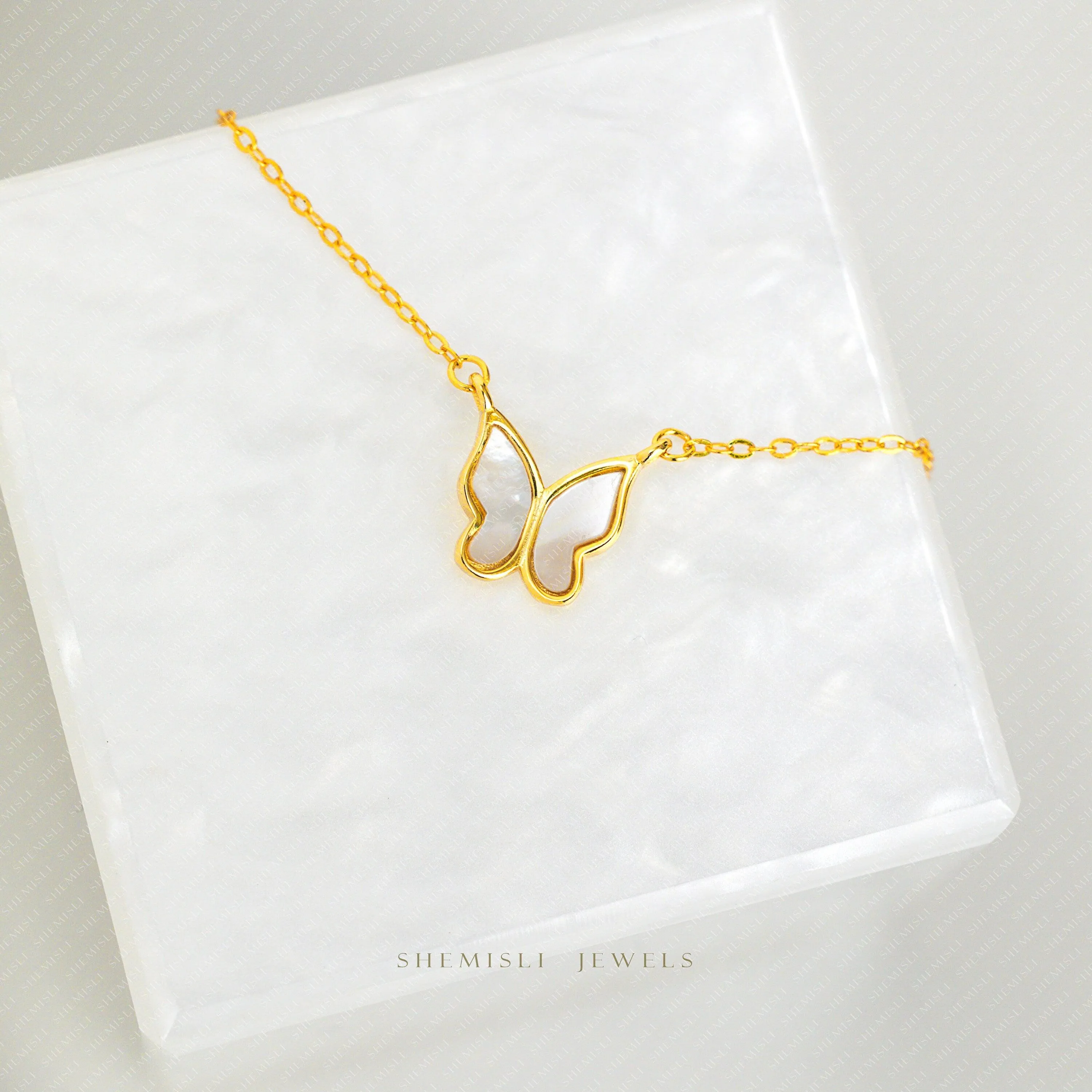 Small Mother of Pearl Butterfly Necklace, Silver or Gold Plated  (16" 2") SHEMISLI - SN020