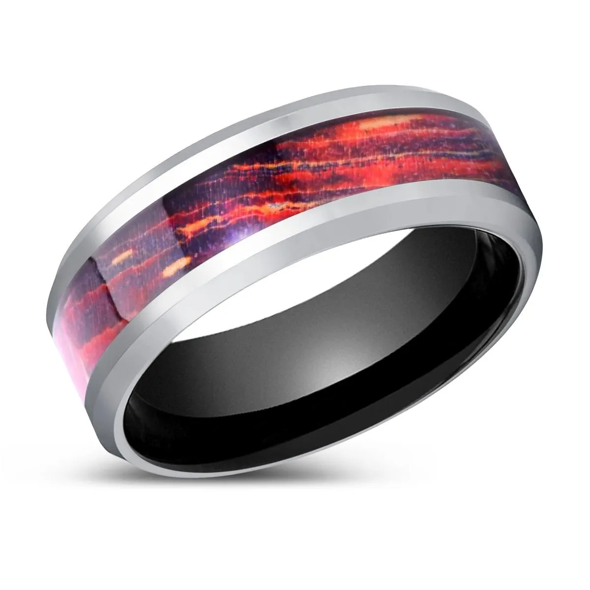 SPECTRIA | Black Ring, Silver Tungsten Ring, Galaxy Wood Inlay, Beveled