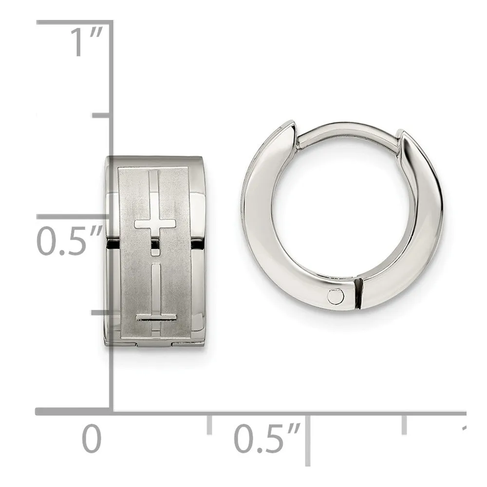 Stainless Steel Brushed & Polished Crosses Hinged Hoop Earrings