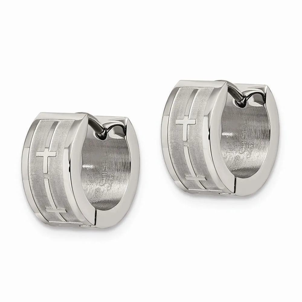 Stainless Steel Brushed & Polished Crosses Hinged Hoop Earrings