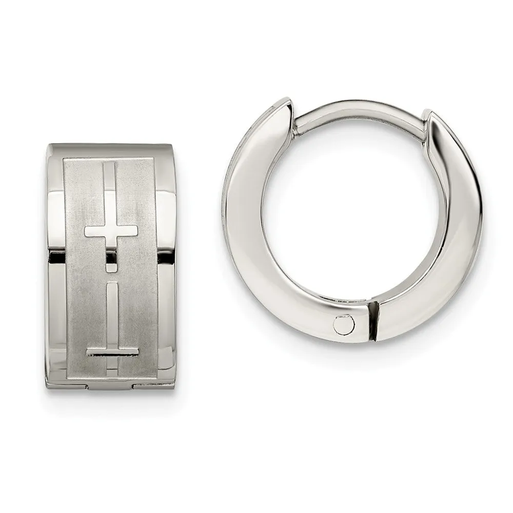 Stainless Steel Brushed & Polished Crosses Hinged Hoop Earrings