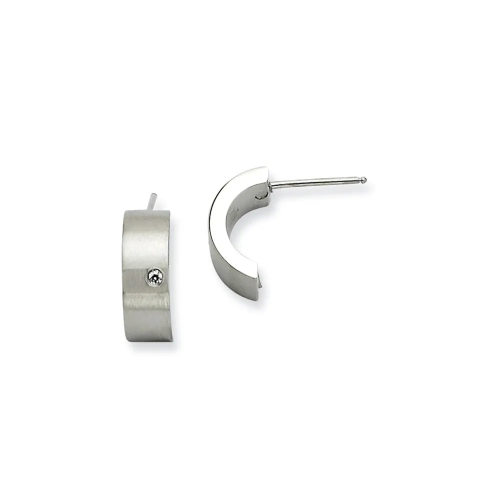 Stainless Steel CZ Brushed & Polished Half Hoop Post Earrings