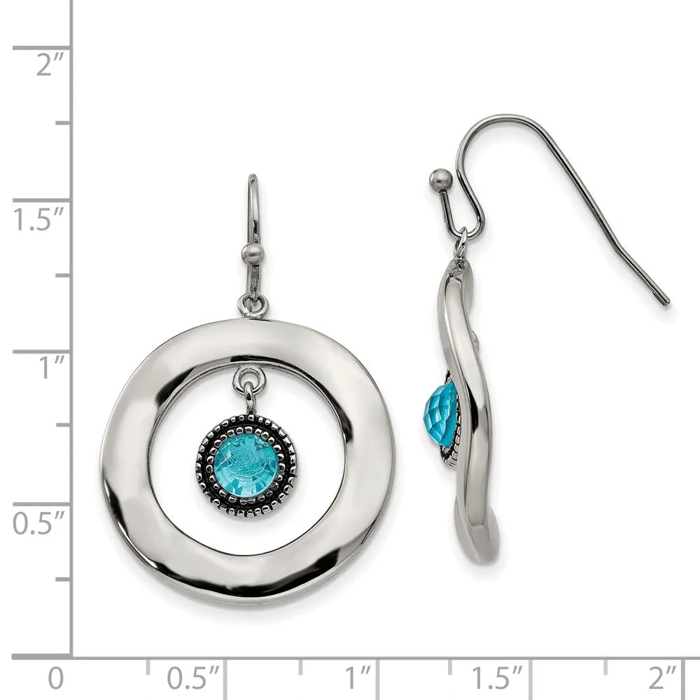 Stainless Steel Polished Wavy Circle Blue Glass Earrings