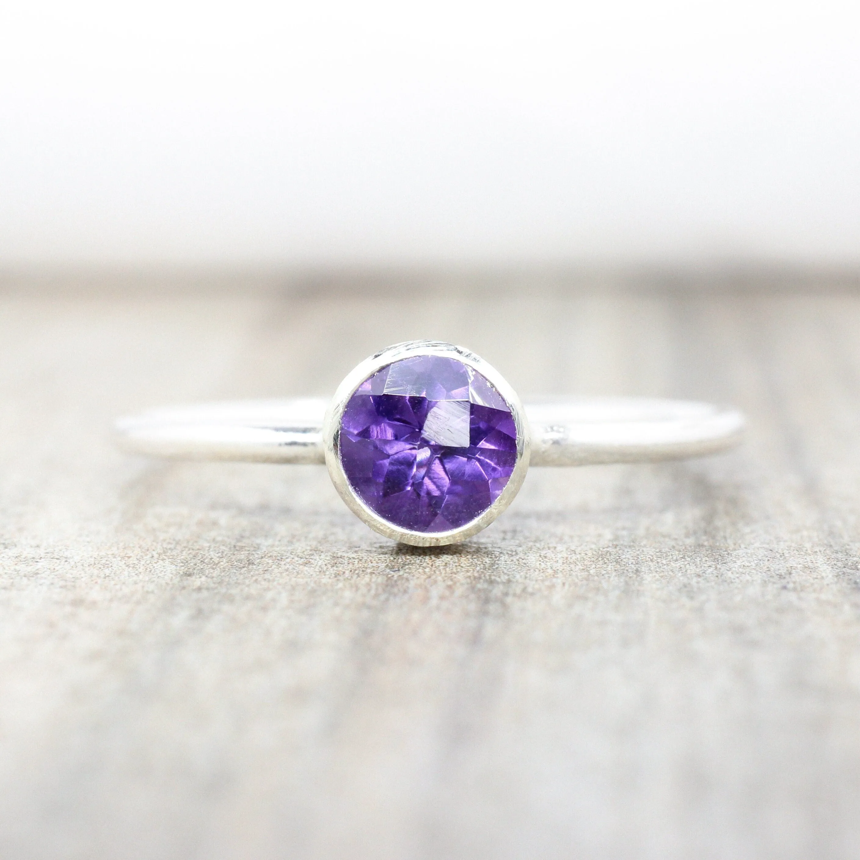 Sterling Silver Amethyst Stacking Ring // 5mm Faceted Gemstone February Birthstone Stackable Ring // Genuine Amethyst Ring