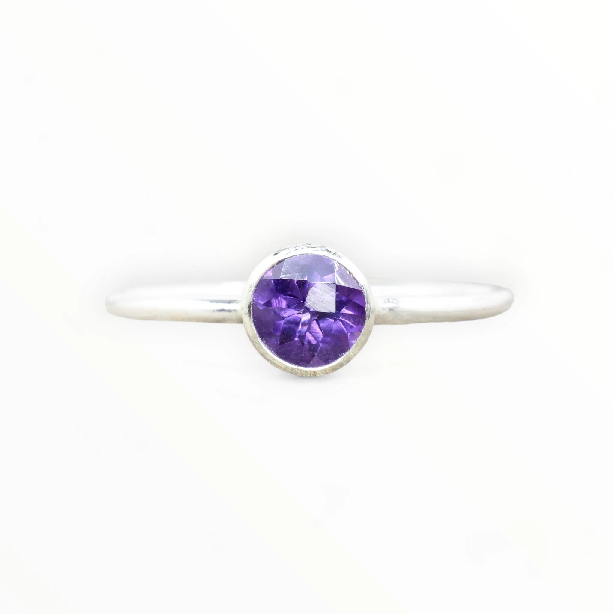 Sterling Silver Amethyst Stacking Ring // 5mm Faceted Gemstone February Birthstone Stackable Ring // Genuine Amethyst Ring