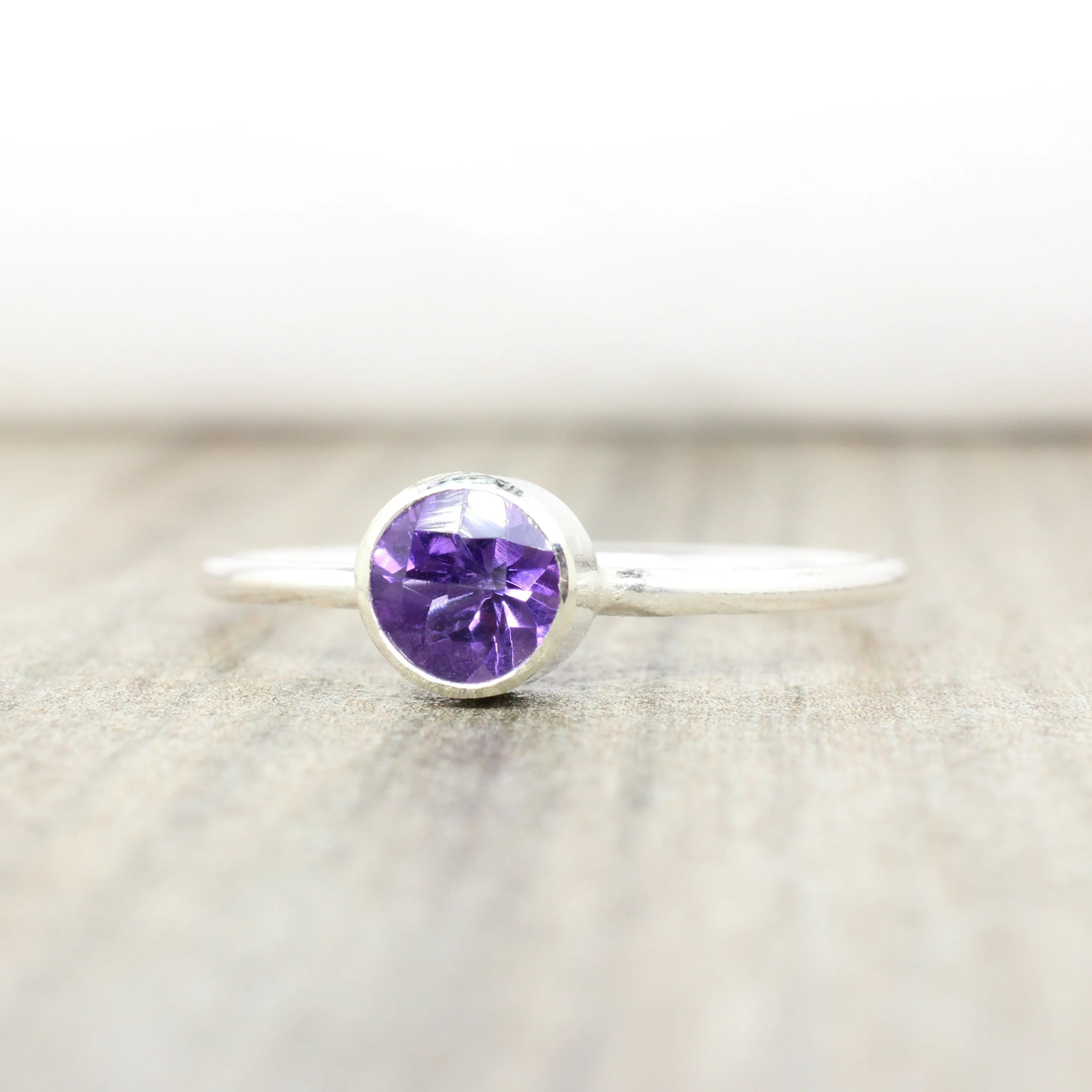 Sterling Silver Amethyst Stacking Ring // 5mm Faceted Gemstone February Birthstone Stackable Ring // Genuine Amethyst Ring