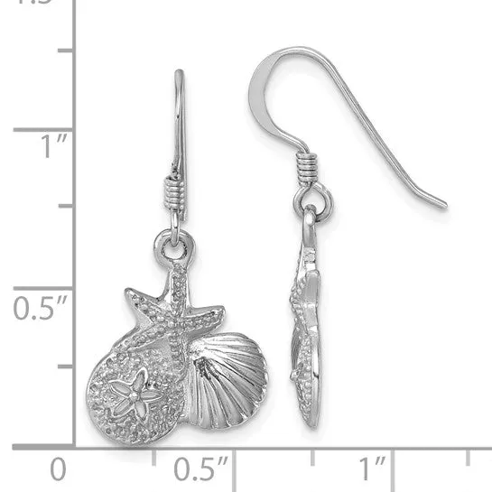 Sterling Silver Rhodium-plated Polished Starfish, Sand Dollar and Shell Dangle Earring