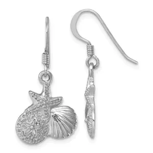 Sterling Silver Rhodium-plated Polished Starfish, Sand Dollar and Shell Dangle Earring