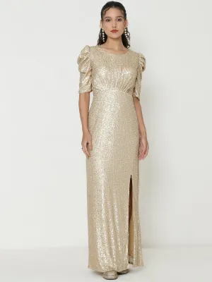 Stunning Gold Gown with Intricate Knitted Sequin Work