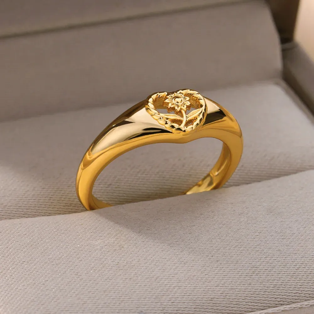 Sunflower Heart Rings For Women Gold Color Stainless Steel Ring