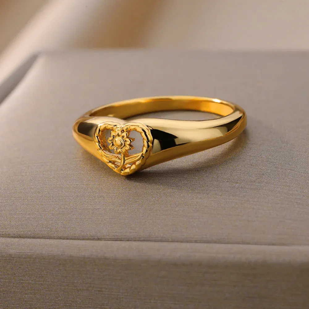 Sunflower Heart Rings For Women Gold Color Stainless Steel Ring
