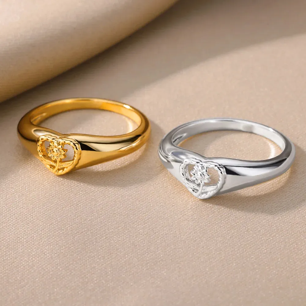 Sunflower Heart Rings For Women Gold Color Stainless Steel Ring