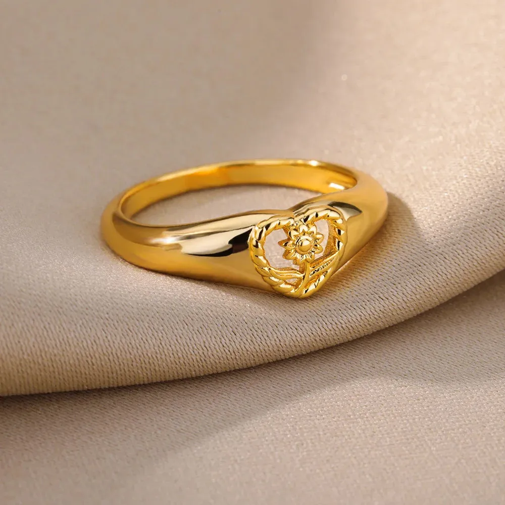 Sunflower Heart Rings For Women Gold Color Stainless Steel Ring