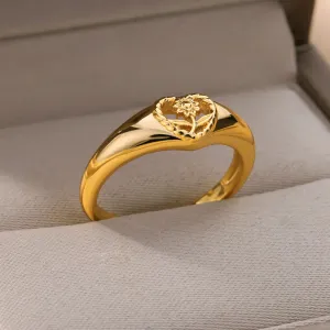 Sunflower Heart Rings For Women Gold Color Stainless Steel Ring