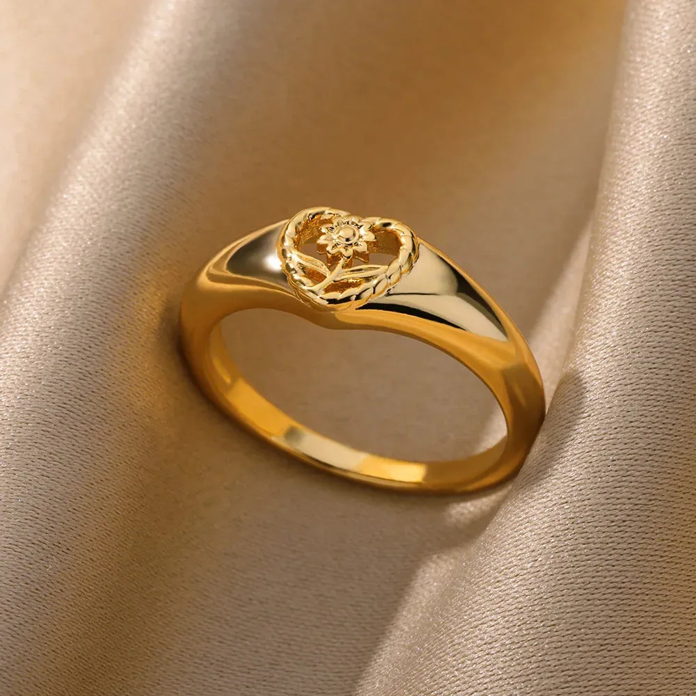Sunflower Heart Rings For Women Gold Color Stainless Steel Ring