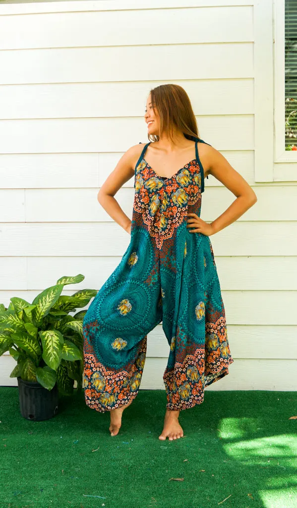 Teal Elephant Mandala Boho Jumpsuit