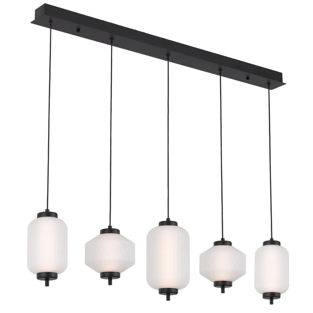 Torso 5 Light Bar Black Contemporary Warm White LED Pendant Light with Textured Glass