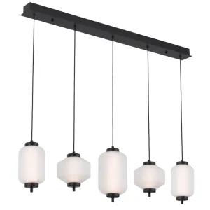 Torso 5 Light Bar Black Contemporary Warm White LED Pendant Light with Textured Glass
