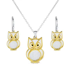 Two Tone Owl Pendant Necklace & Earrings Jewelry Set 14k Gold Plated Silver