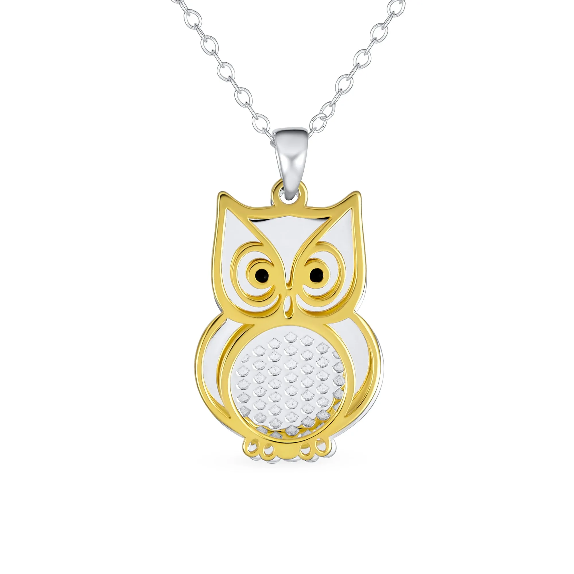 Two Tone Owl Pendant Necklace & Earrings Jewelry Set 14k Gold Plated Silver