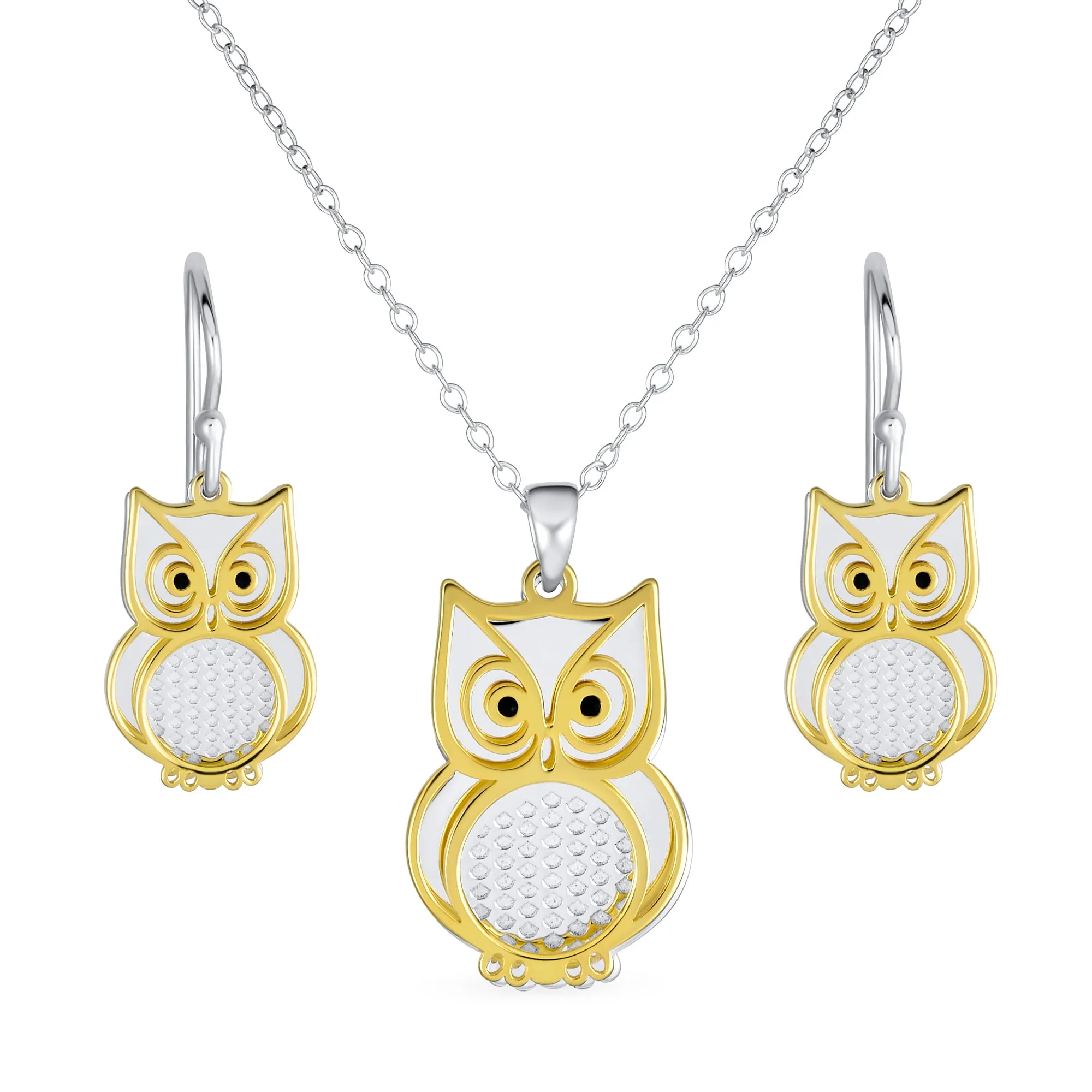 Two Tone Owl Pendant Necklace & Earrings Jewelry Set 14k Gold Plated Silver