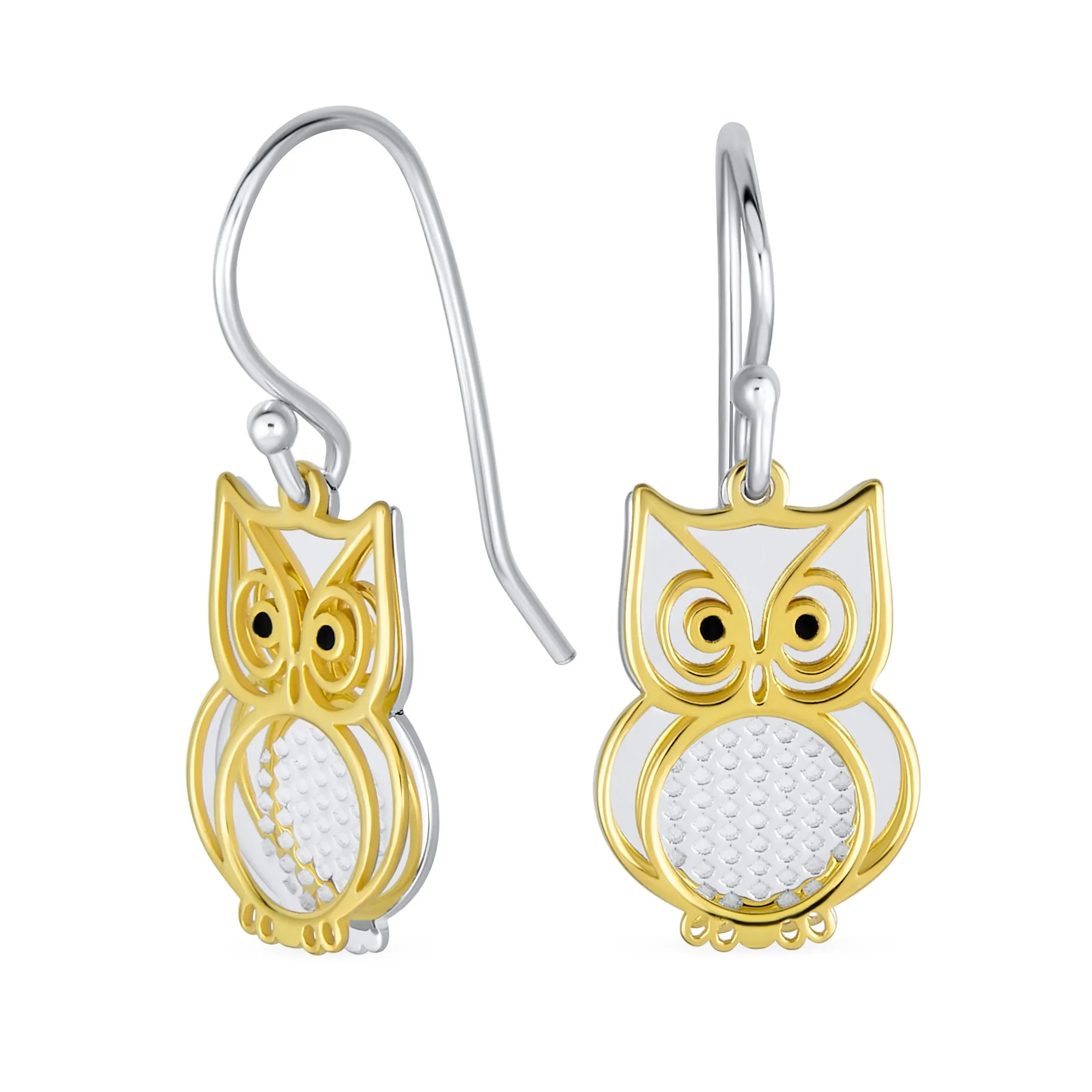 Two Tone Owl Pendant Necklace & Earrings Jewelry Set 14k Gold Plated Silver