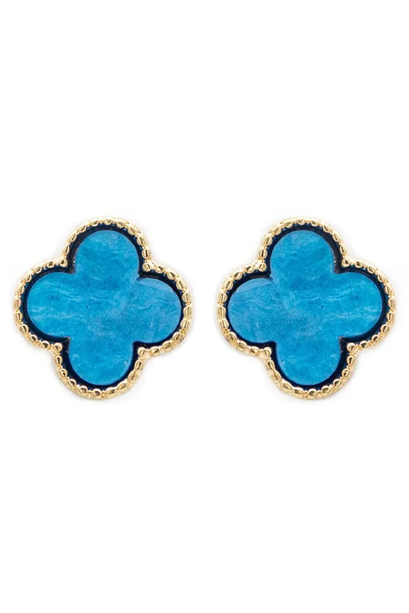 Viola Goldtone Trimmed Blue Shell Quatrefoil Earrings