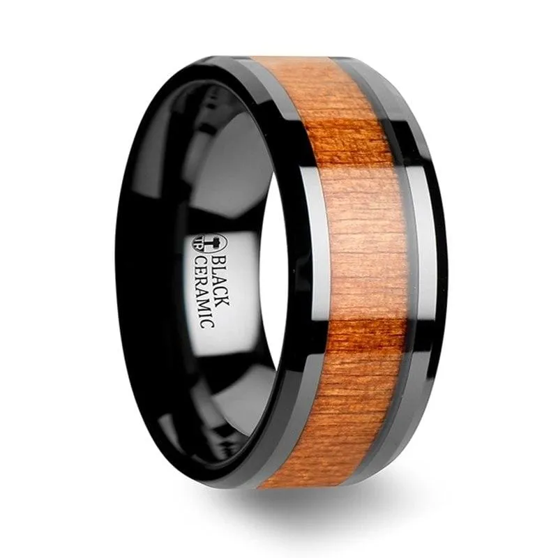 Zaire Black Ceramic Wedding Band Set With Black Cherry Wood Inlaid - 6mm - 10mm