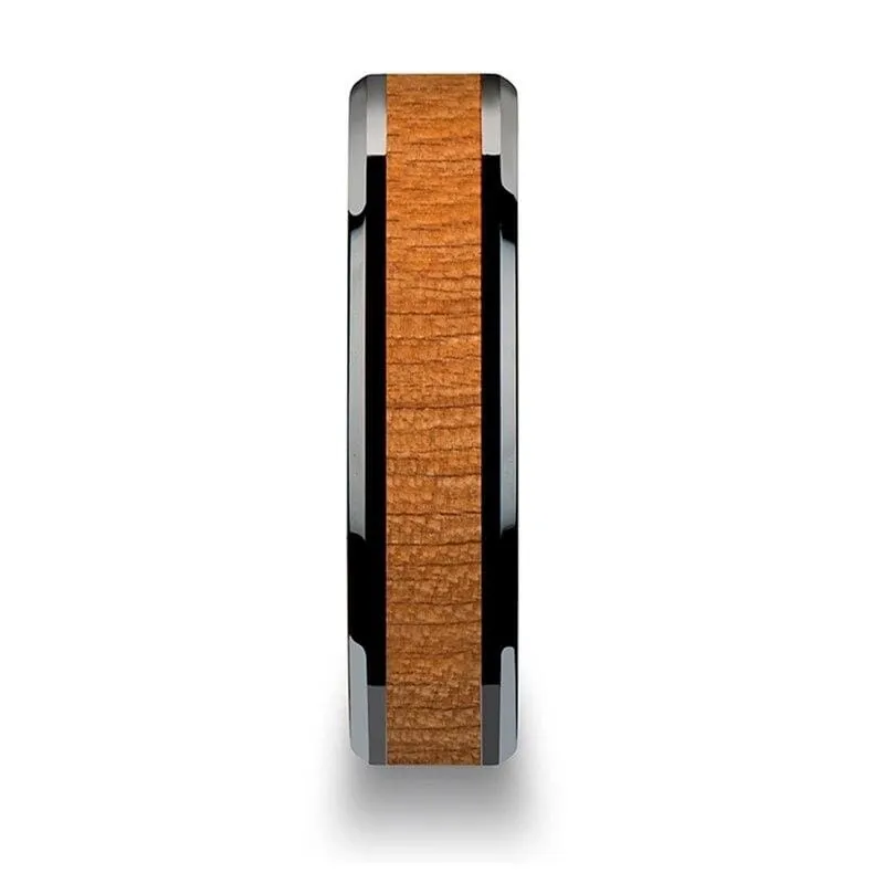 Zaire Black Ceramic Wedding Band Set With Black Cherry Wood Inlaid - 6mm - 10mm
