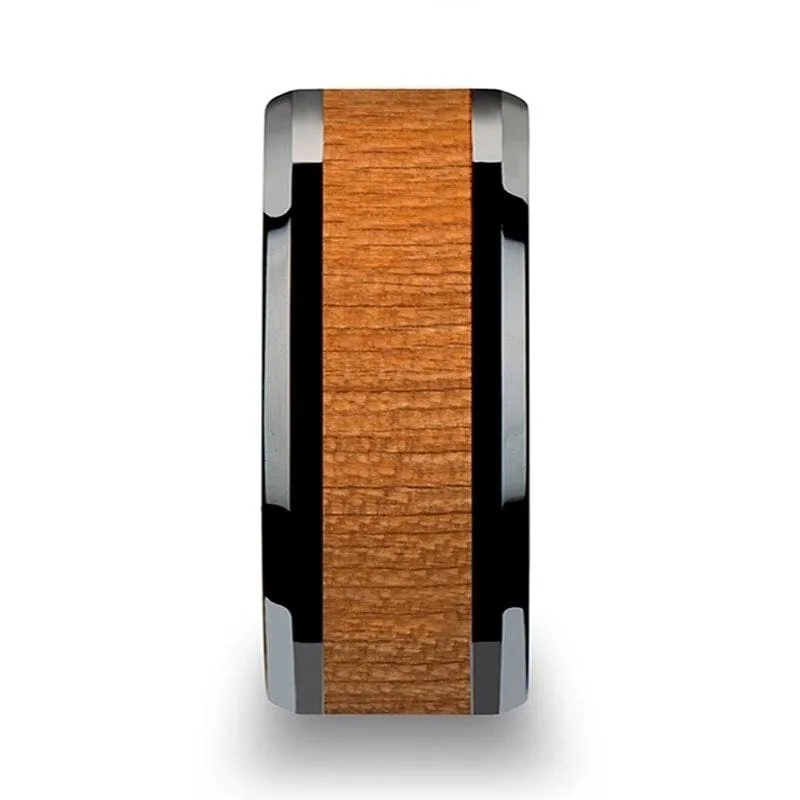 Zaire Black Ceramic Wedding Band Set With Black Cherry Wood Inlaid - 6mm - 10mm