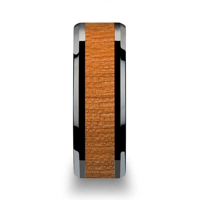 Zaire Black Ceramic Wedding Band Set With Black Cherry Wood Inlaid - 6mm - 10mm