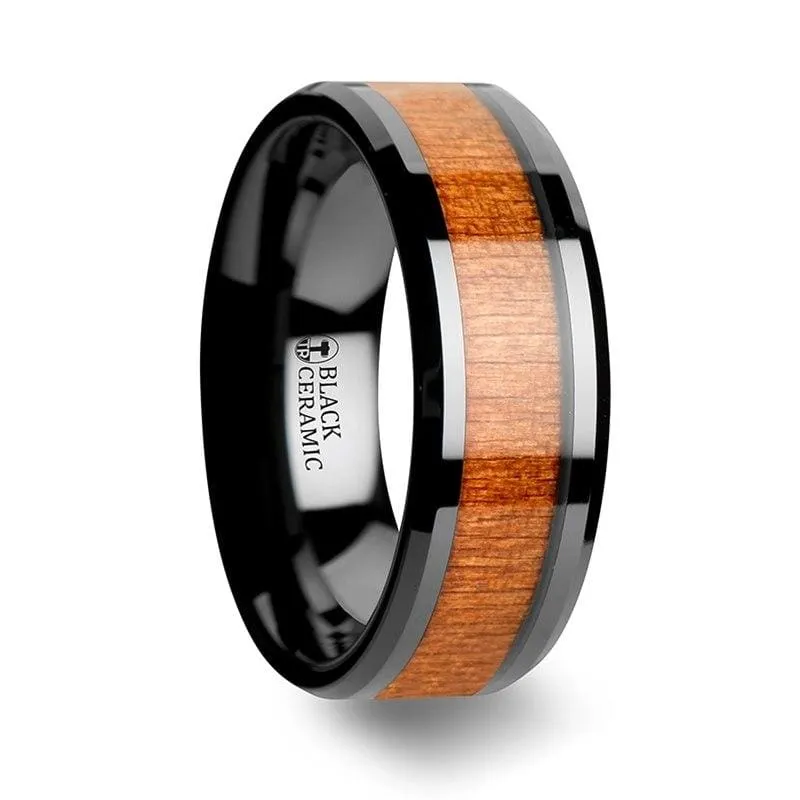 Zaire Black Ceramic Wedding Band Set With Black Cherry Wood Inlaid - 6mm - 10mm