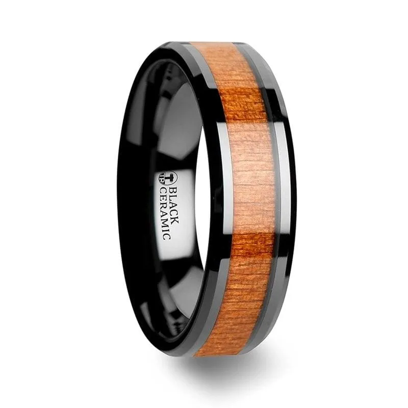 Zaire Black Ceramic Wedding Band Set With Black Cherry Wood Inlaid - 6mm - 10mm